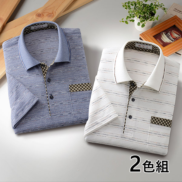 日本製かすり糸使用ジャカード半袖ポロシャツ 2色組